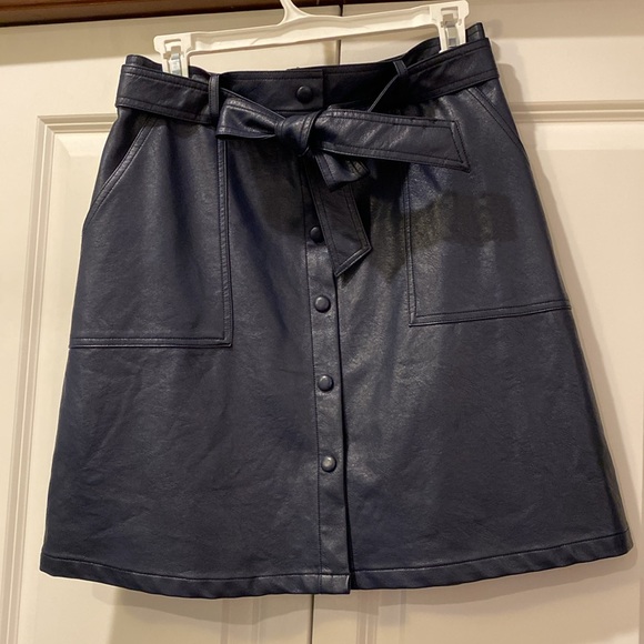 FRNCH Emilou Faux Leather Button Up Belted Skirt. Size M. Navy Blue. High Waist. - Picture 6 of 12